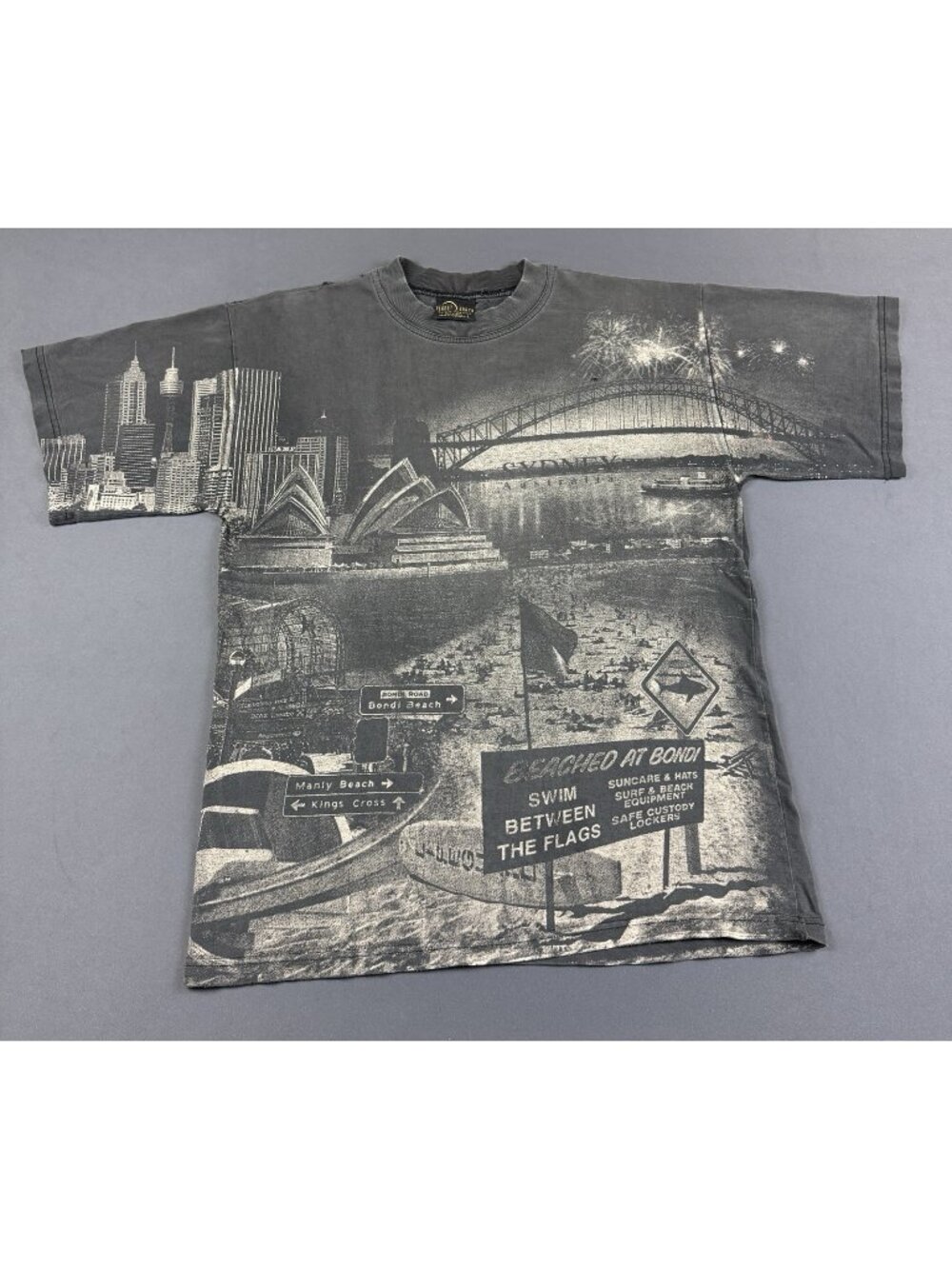 Rare Vintage 90s Sydney Australia Sun Fade AOP Art Tee Planet Earth Tag Large